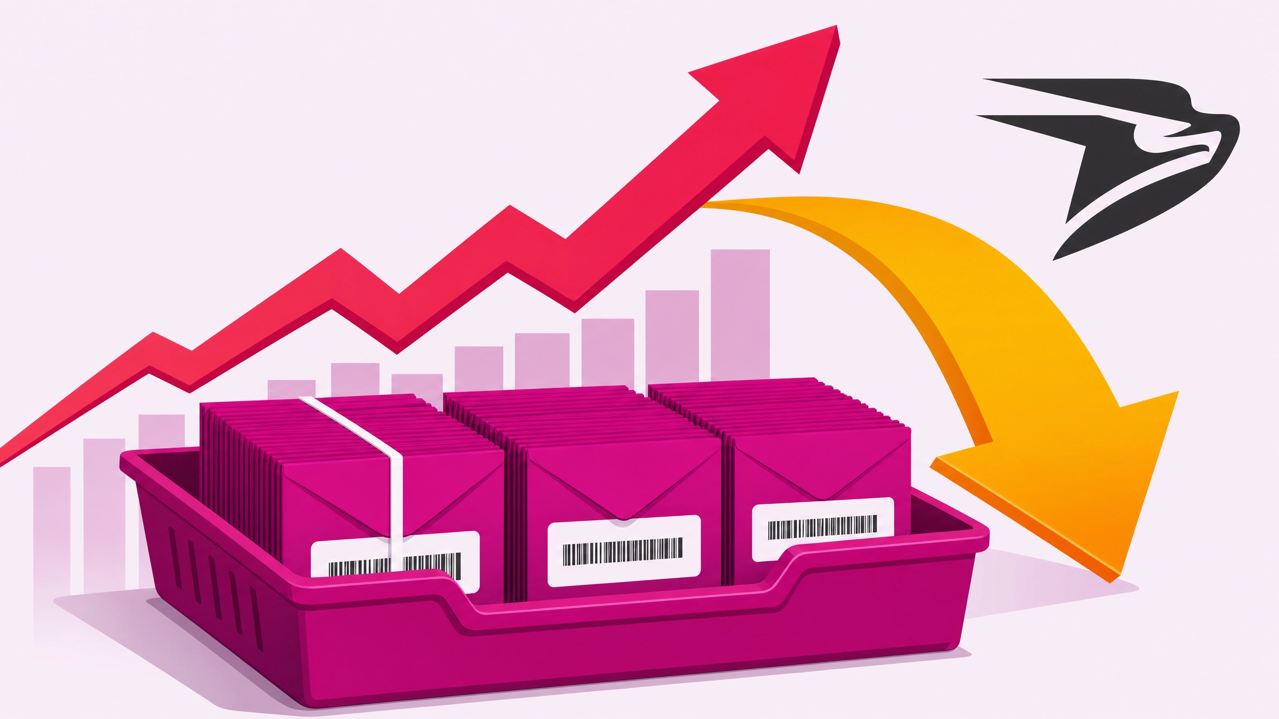 Magenta presort mail tray with barcoded envelopes, red rising postage arrow, and golden savings counter-arrow — representing presort mail offsetting the July 2026 USPS rate increase