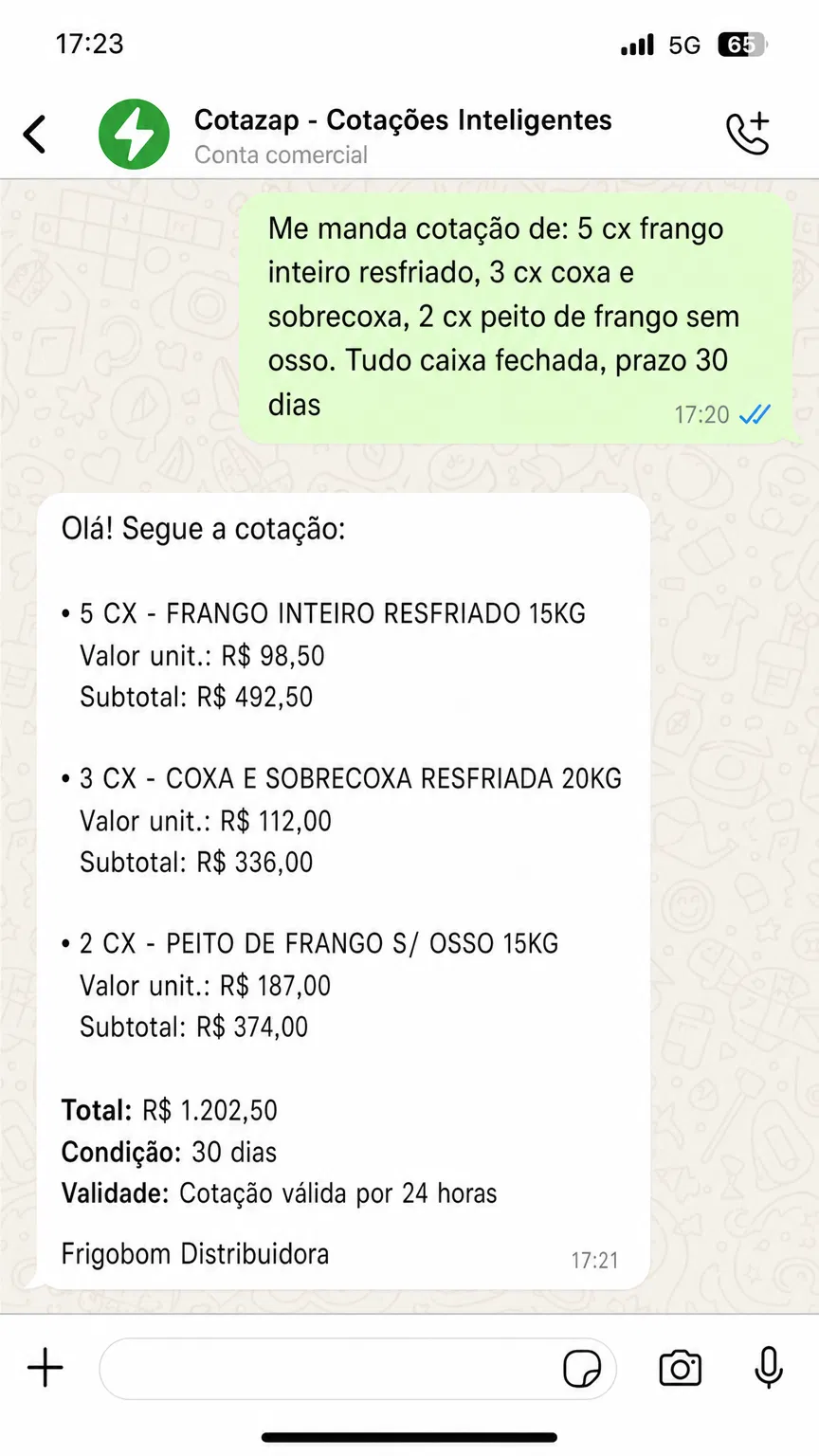 Print real do WhatsApp — cotação de cortes de frango