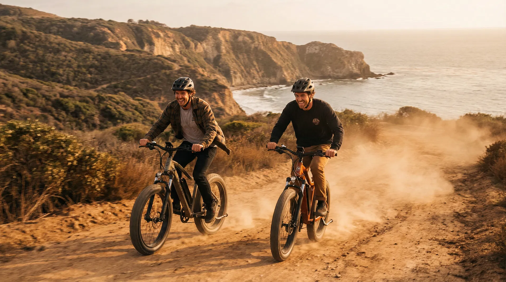 Friends riding e-bikes on coastal trail
