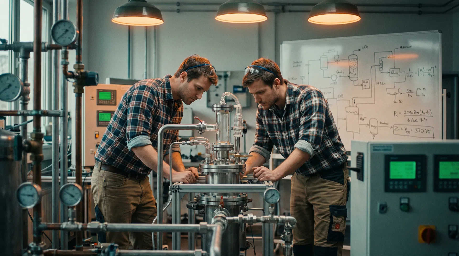 Engineers examining a biochar gasification reactor in a research laboratory