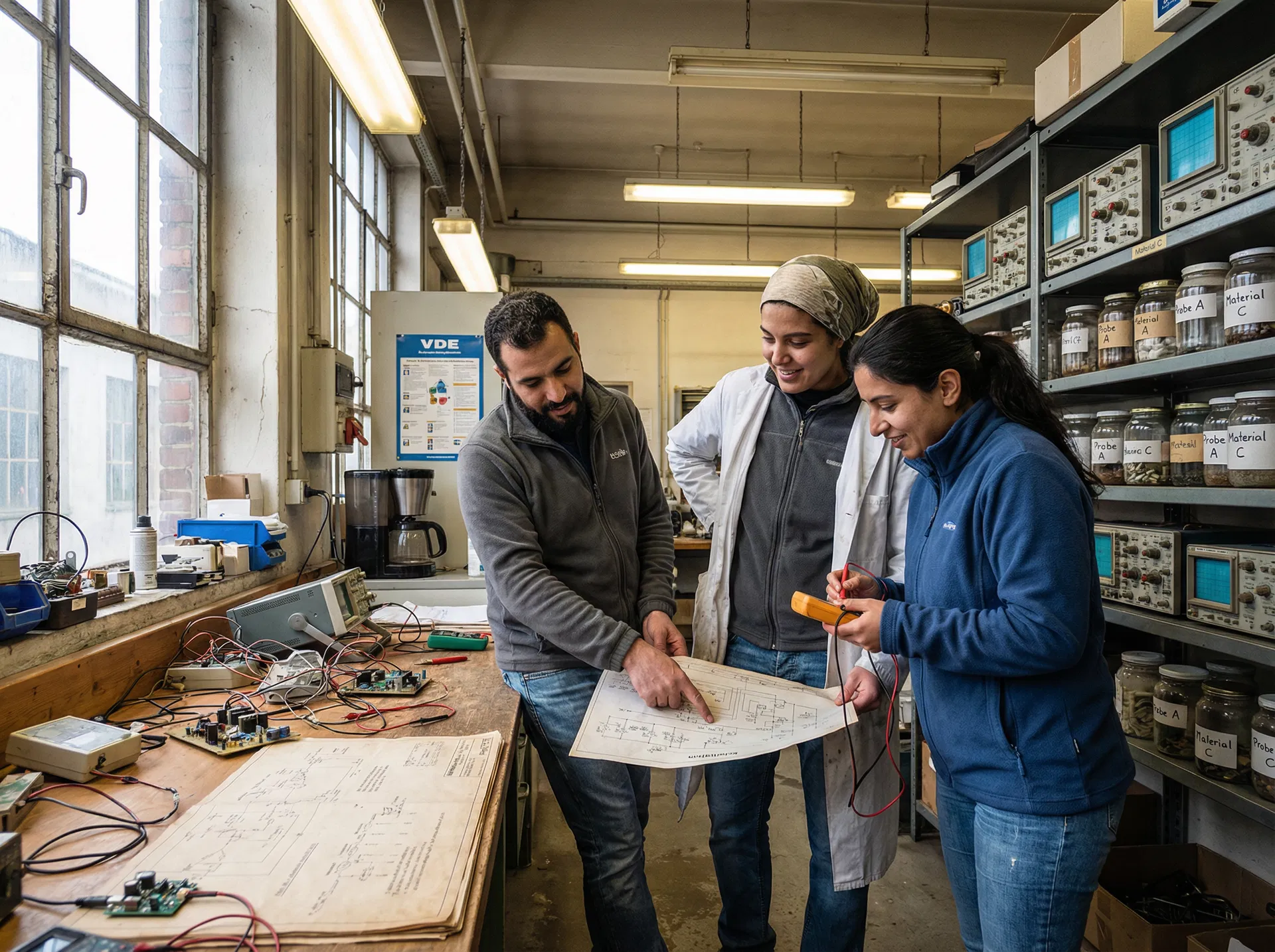 Engineering team reviewing schematics in a German workshop