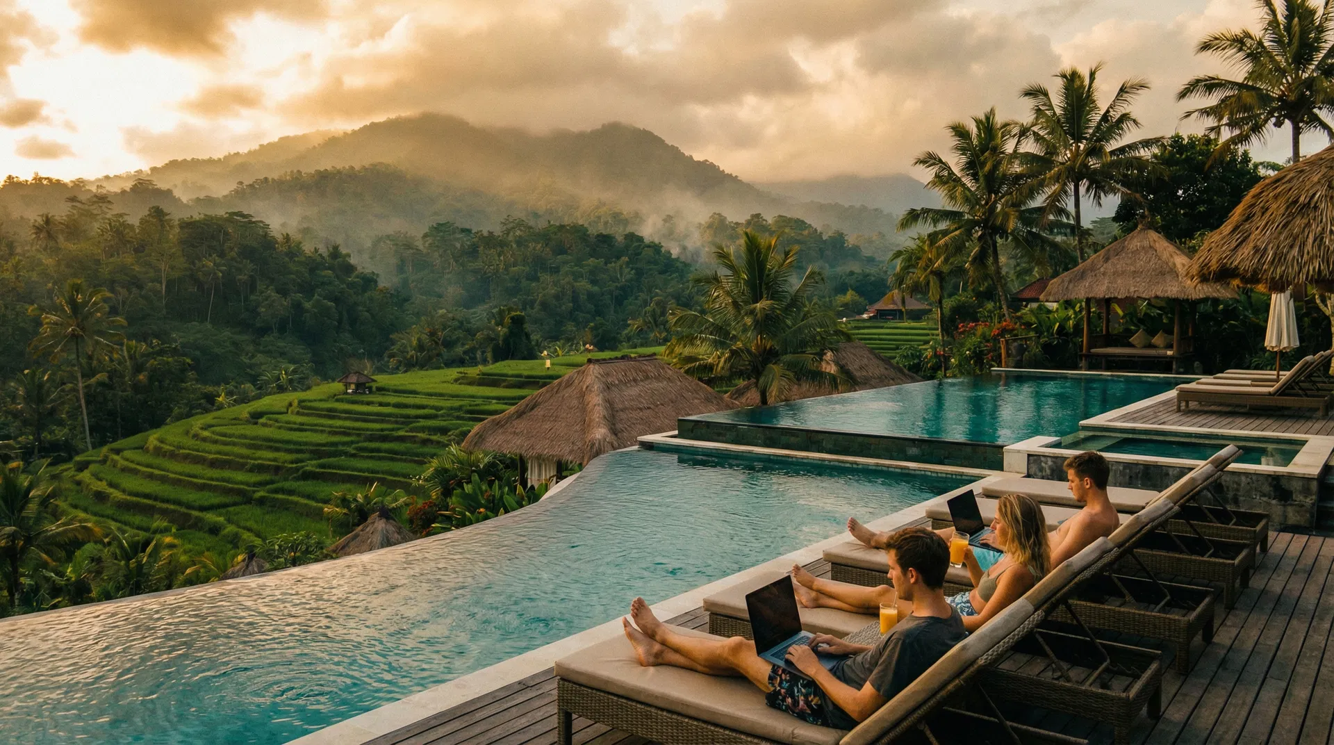 EX Academy Bali campus — pool overlooking rice terraces