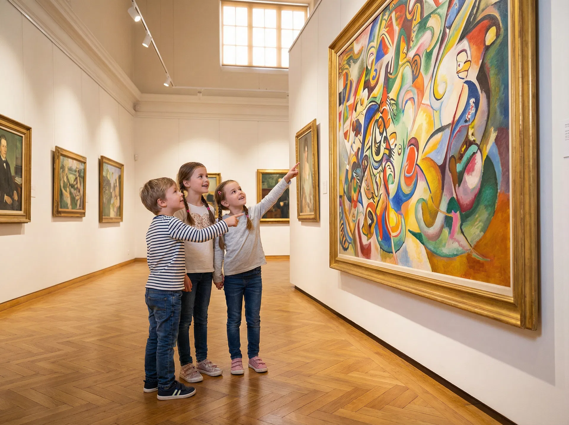 Enfants de 6 à 10 ans pointant un grand tableau dans un musée