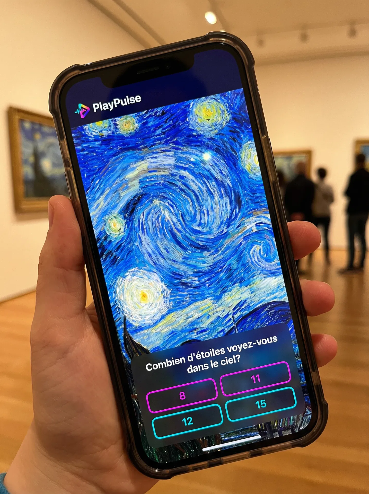 Écran PlayPulse sur La Nuit étoilée de Van Gogh avec quiz interactif