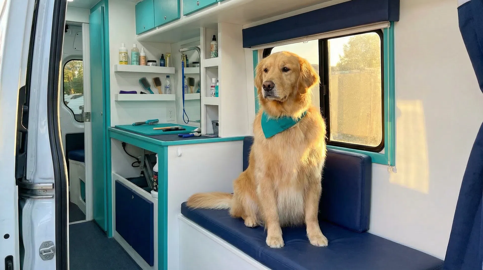 Happy dog in mobile grooming van