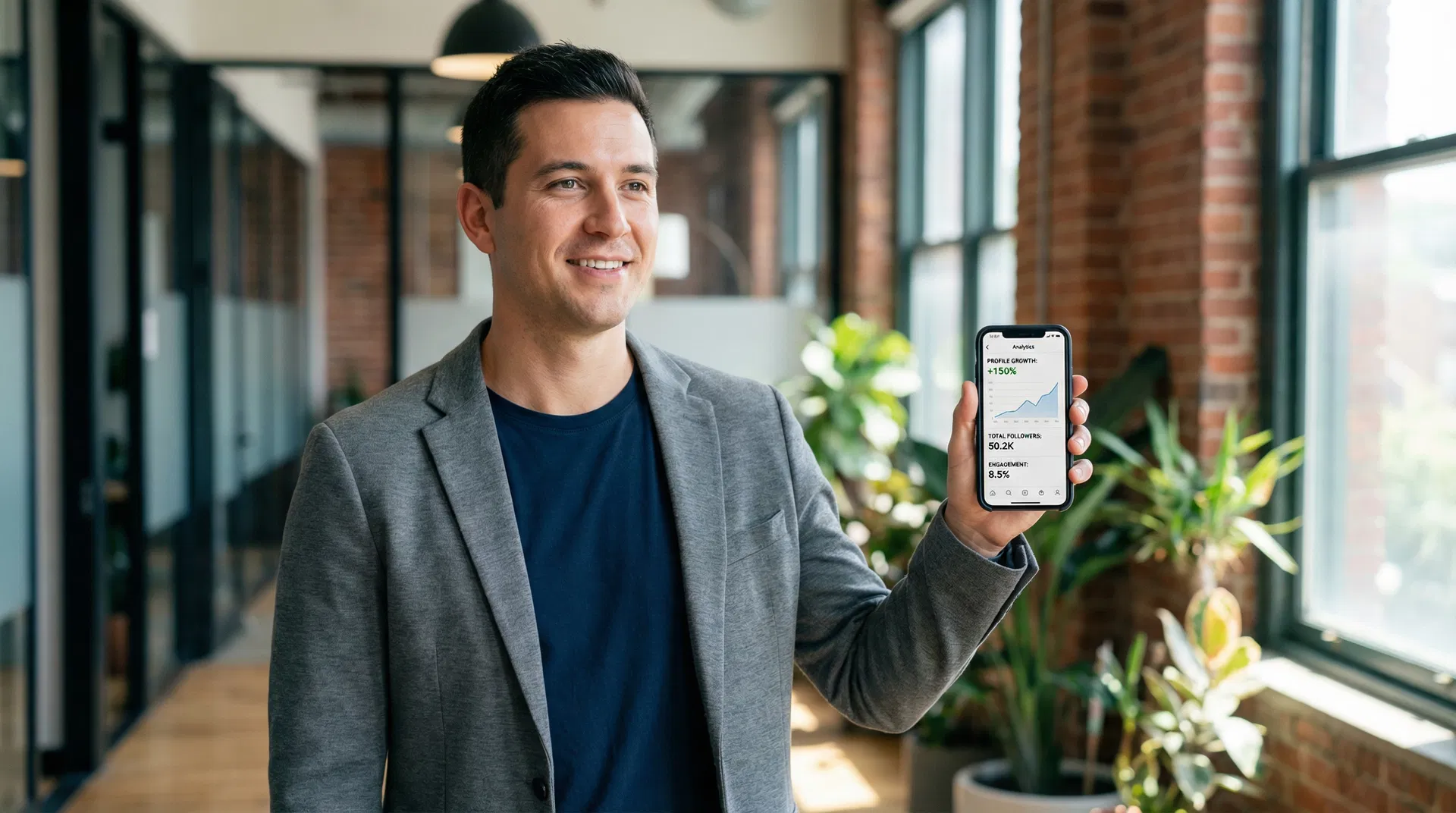 Empreendedor mostrando crescimento no smartphone