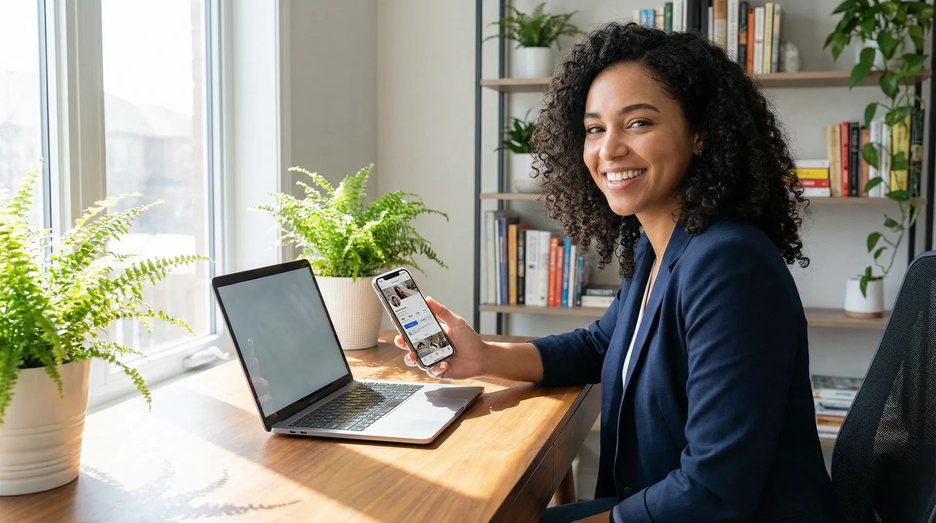 Empreendedora confiante com Instagram em alta