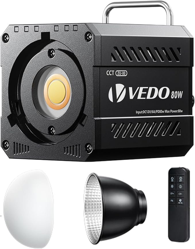 VEDO Luz fotográfica COB portátil de 80 W, ajuste de brilho de 0 a 100%, modo de alimentação dupla, luz de preenchimento de alta potência para transmissão ao vivo e gravação de vídeo