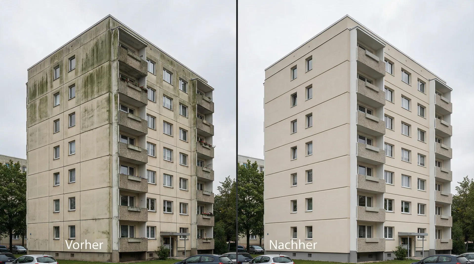 Fassadenreinigung Vorher/Nachher — derselbe Plattenbau vor und nach der professionellen Reinigung durch FassadenFix®