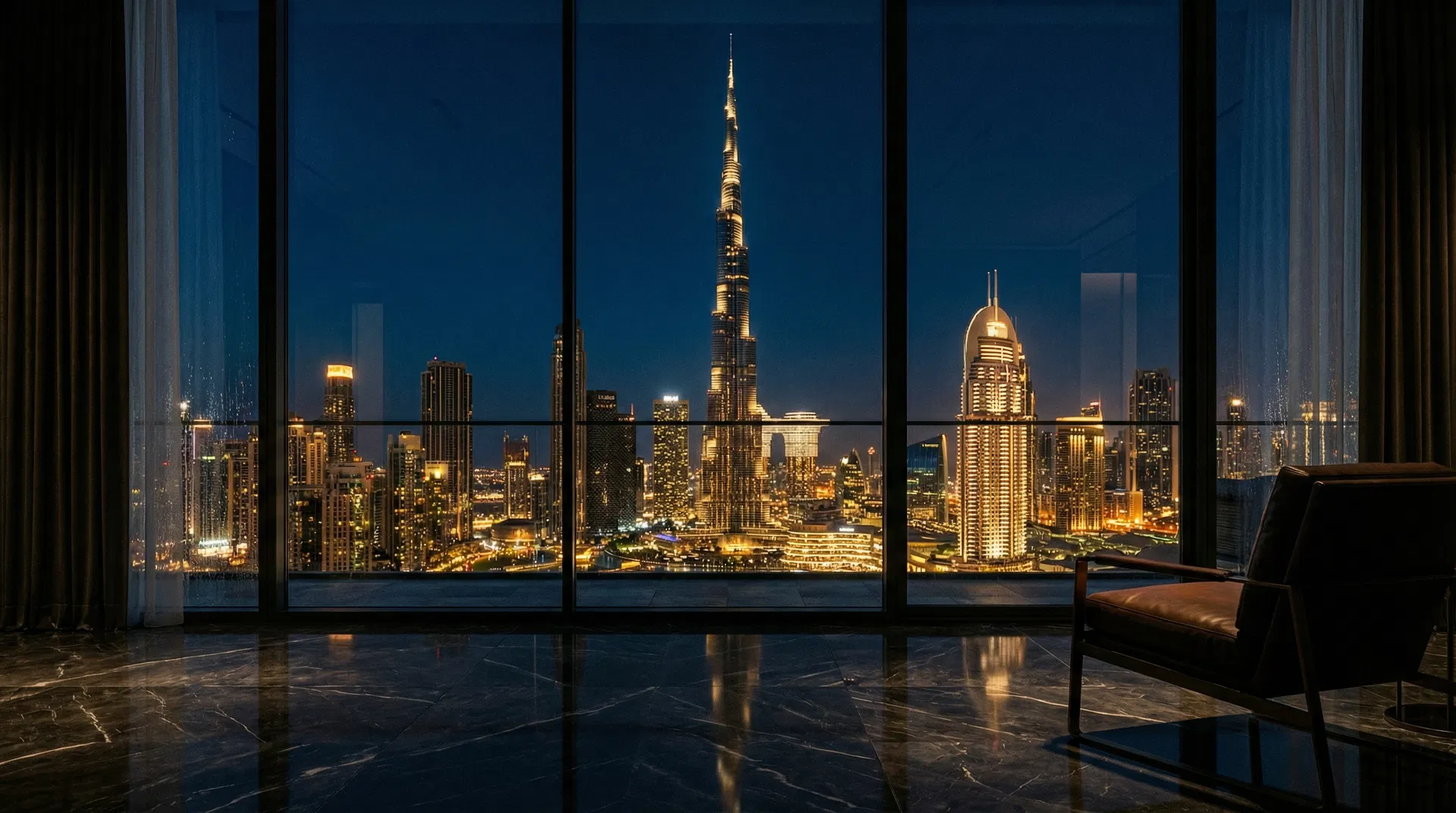 Dubai skyline at night from a luxury penthouse