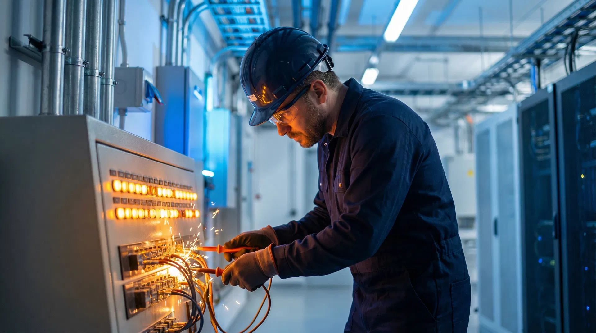 Eletricista profissional da Floteck trabalhando em painel elétrico industrial