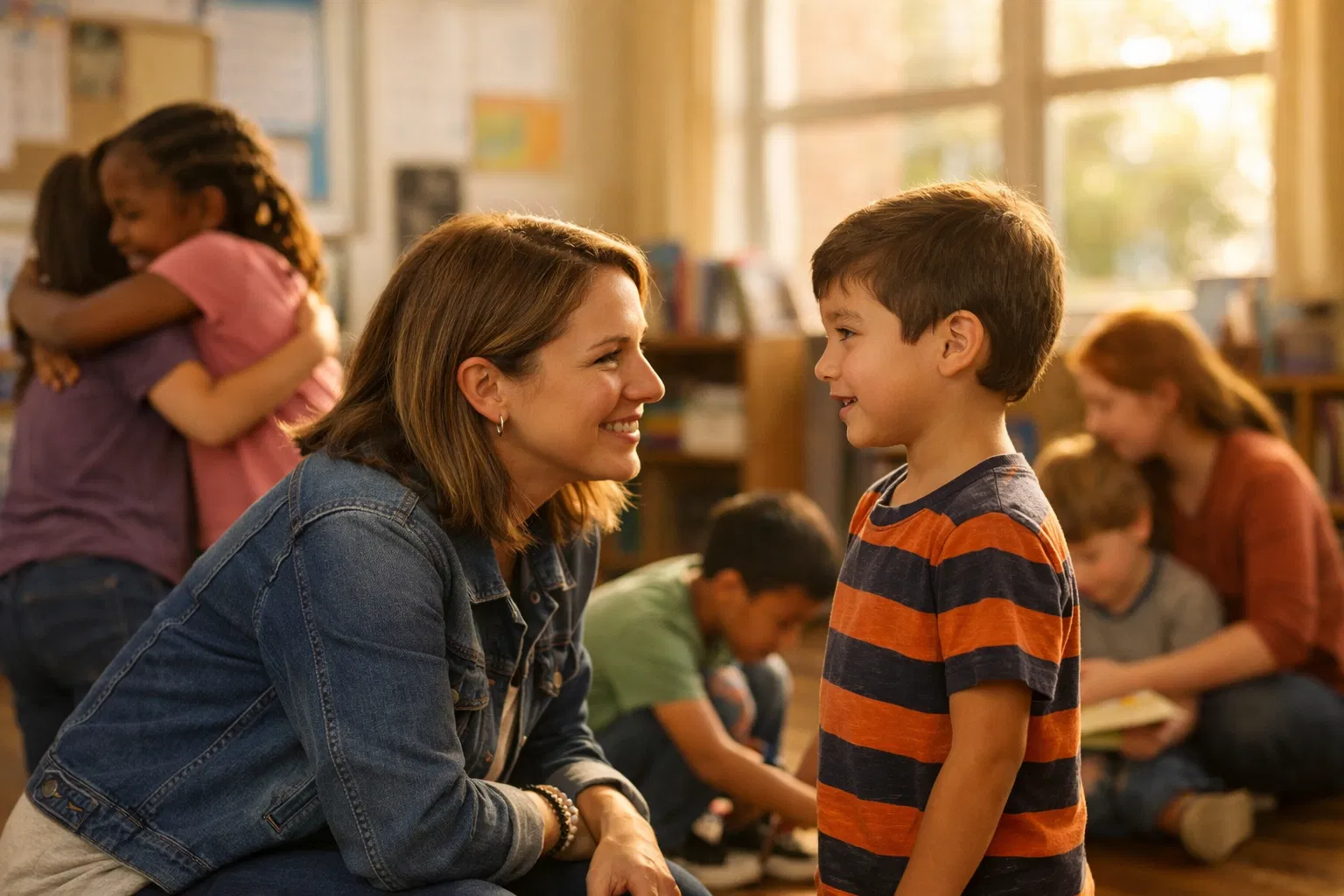 Professora e aluno em momento de cuidado