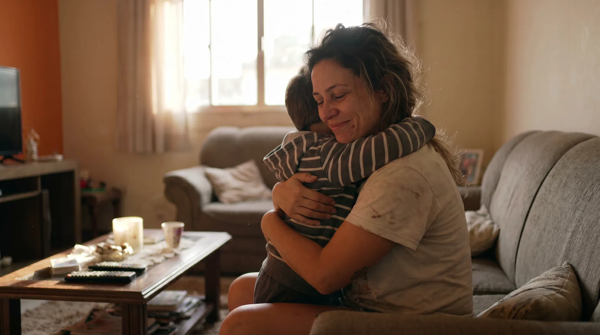 Mãe abraçando filho