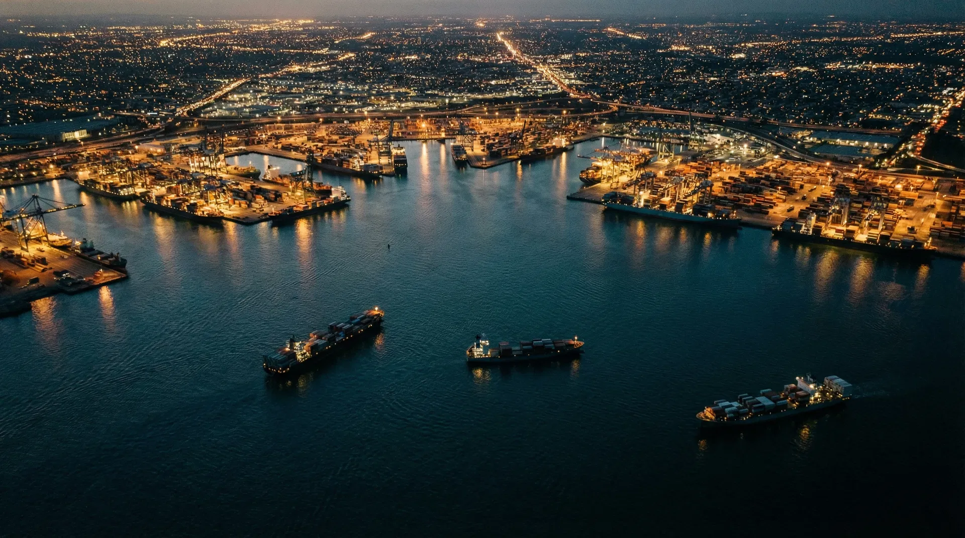 Global shipping port at twilight