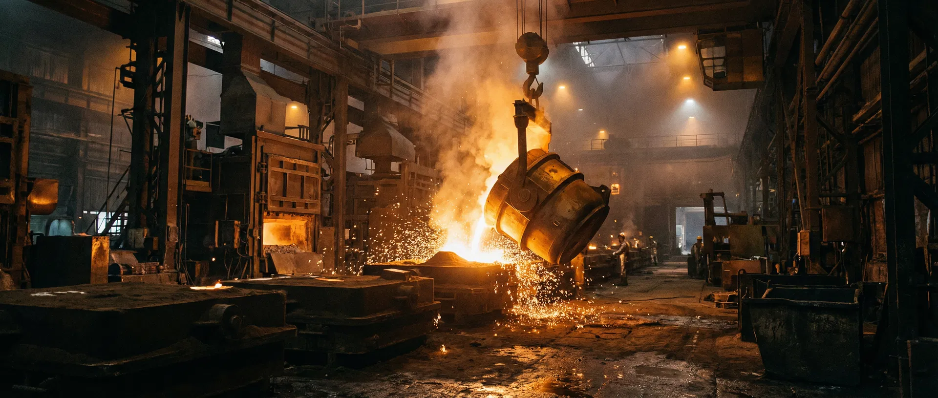 Foundry interior with molten metal being poured