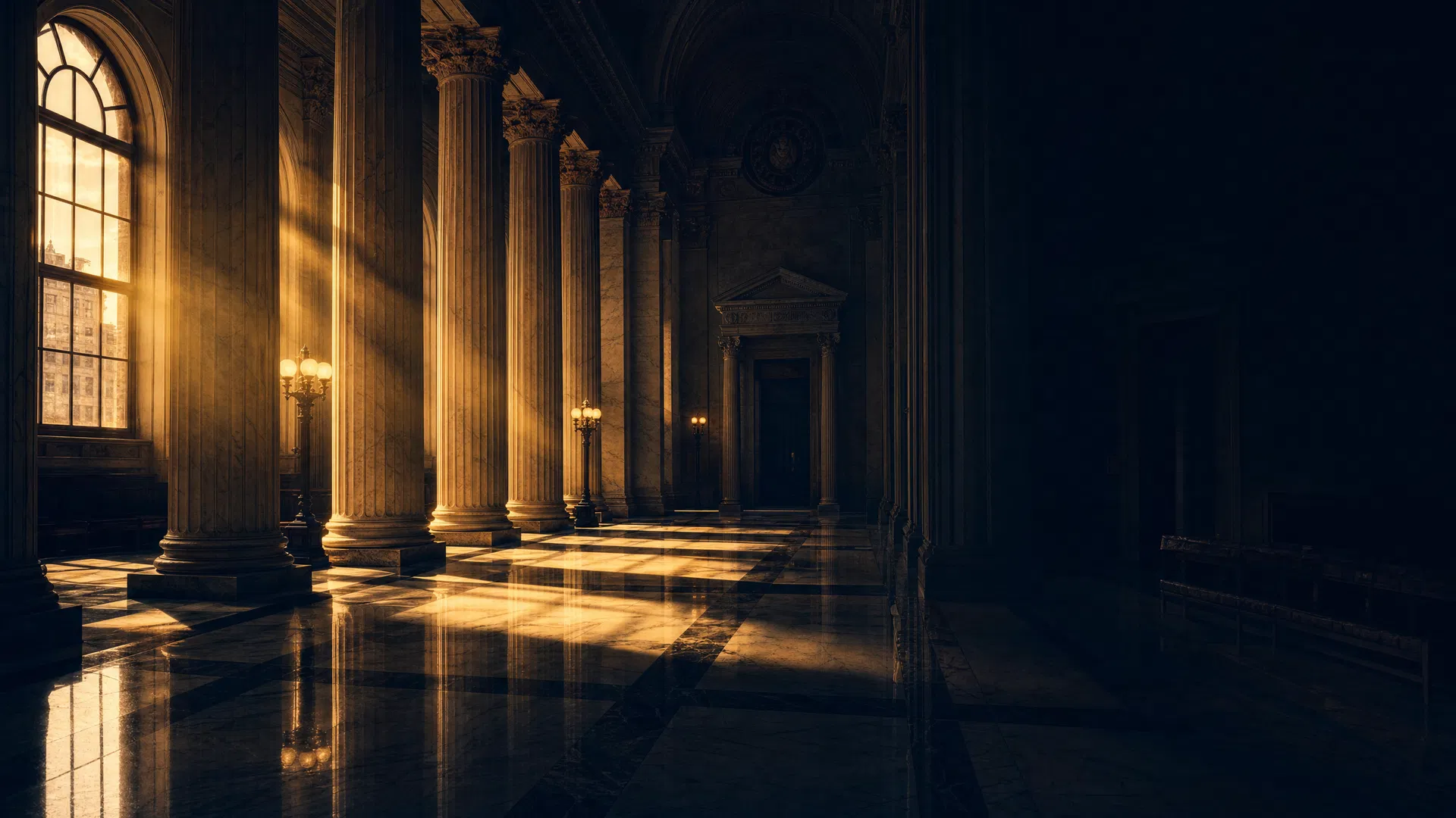 Empty courthouse hall at dusk with gold light through arched windows