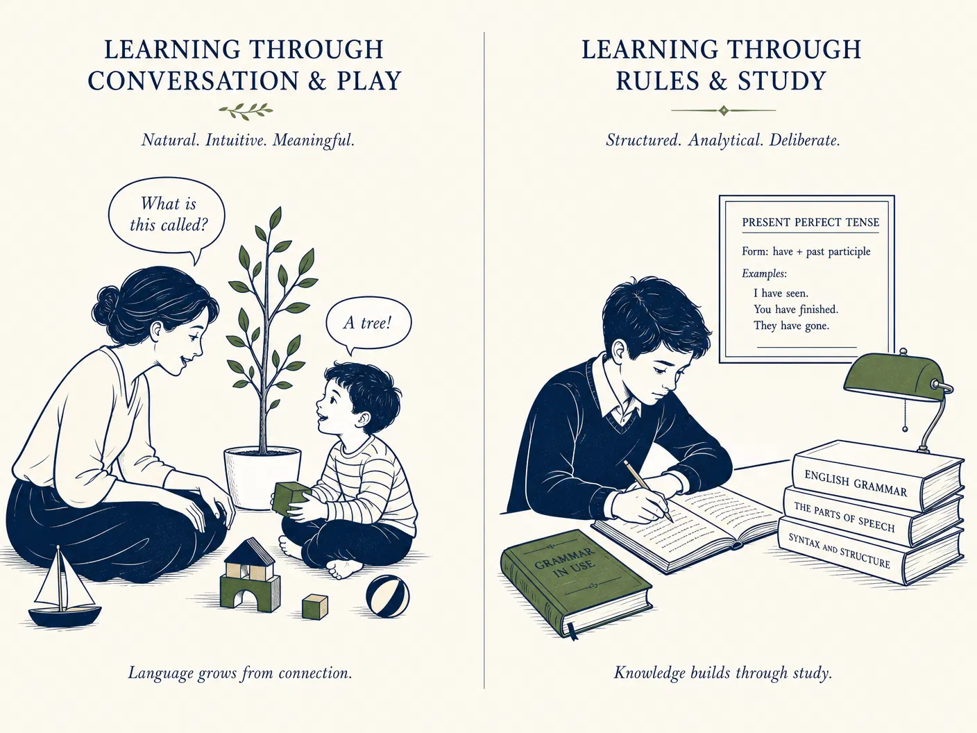 Contrast between natural language acquisition and formal grammar study
