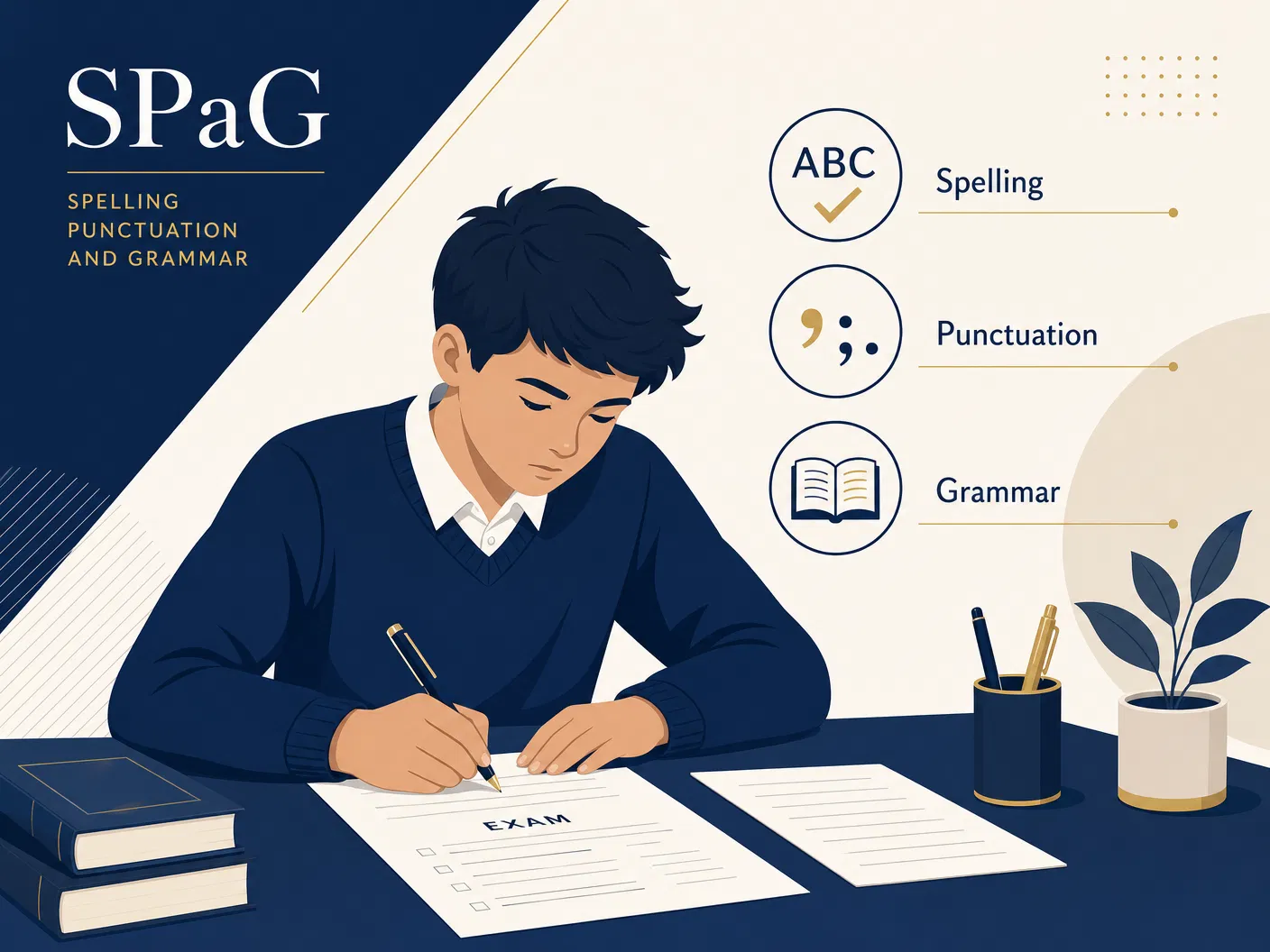 SPaG tests illustration showing a student taking an exam