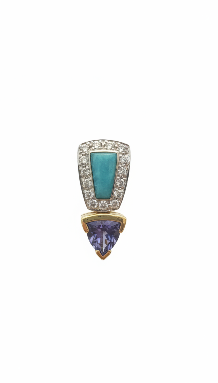 Amethyst and Turquoise Energy Pendant in Gold-Diamond Frame