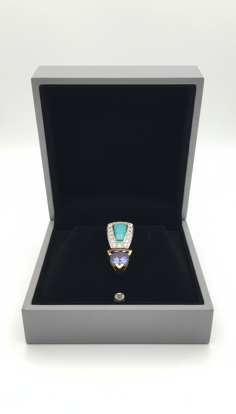 Amethyst and Turquoise Energy Pendant in Gold-Diamond Frame — In Box