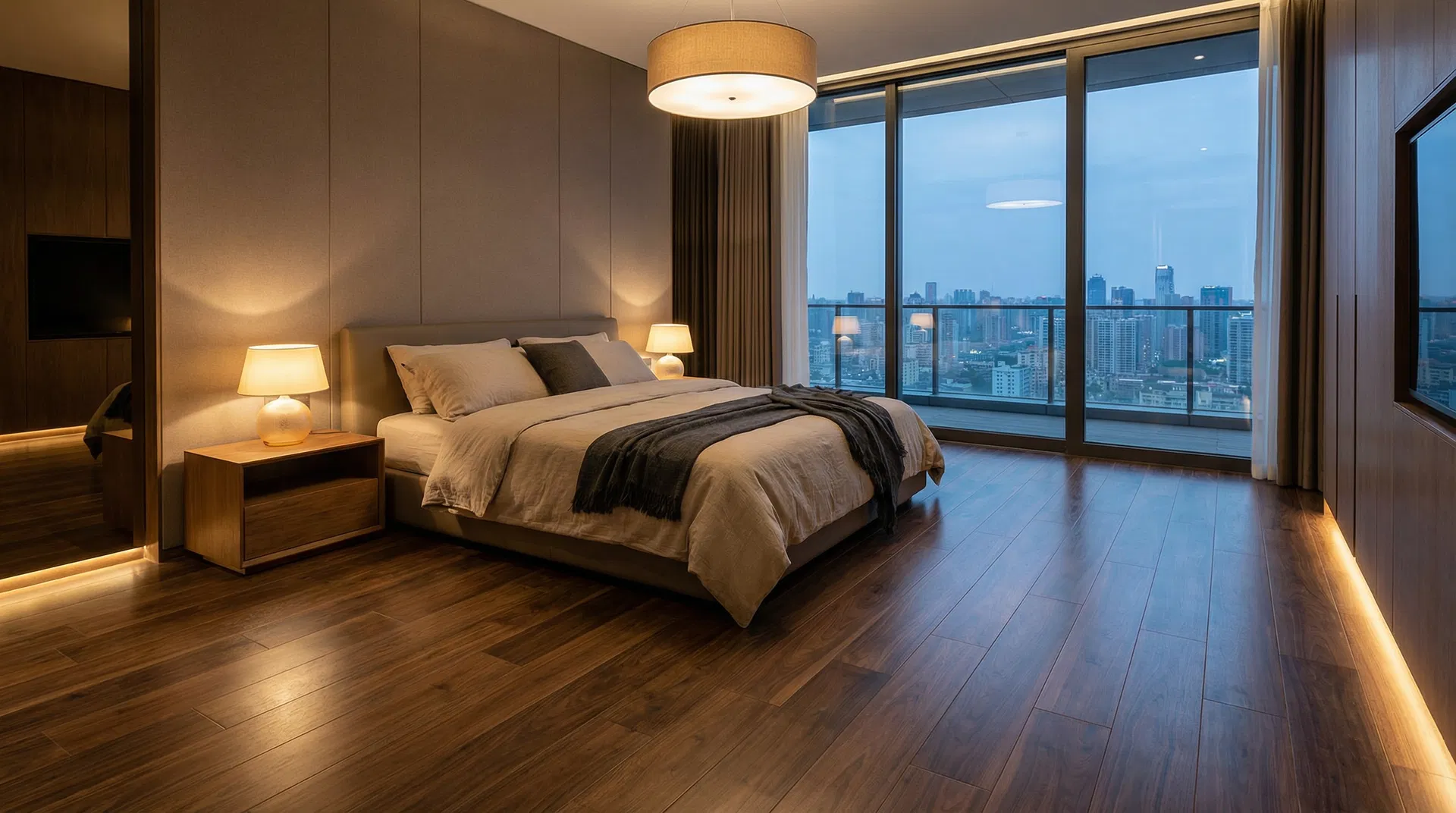 Piso laminado carvalho escuro instalado em sala de estar moderna — PVS Decore São José dos Pinhais