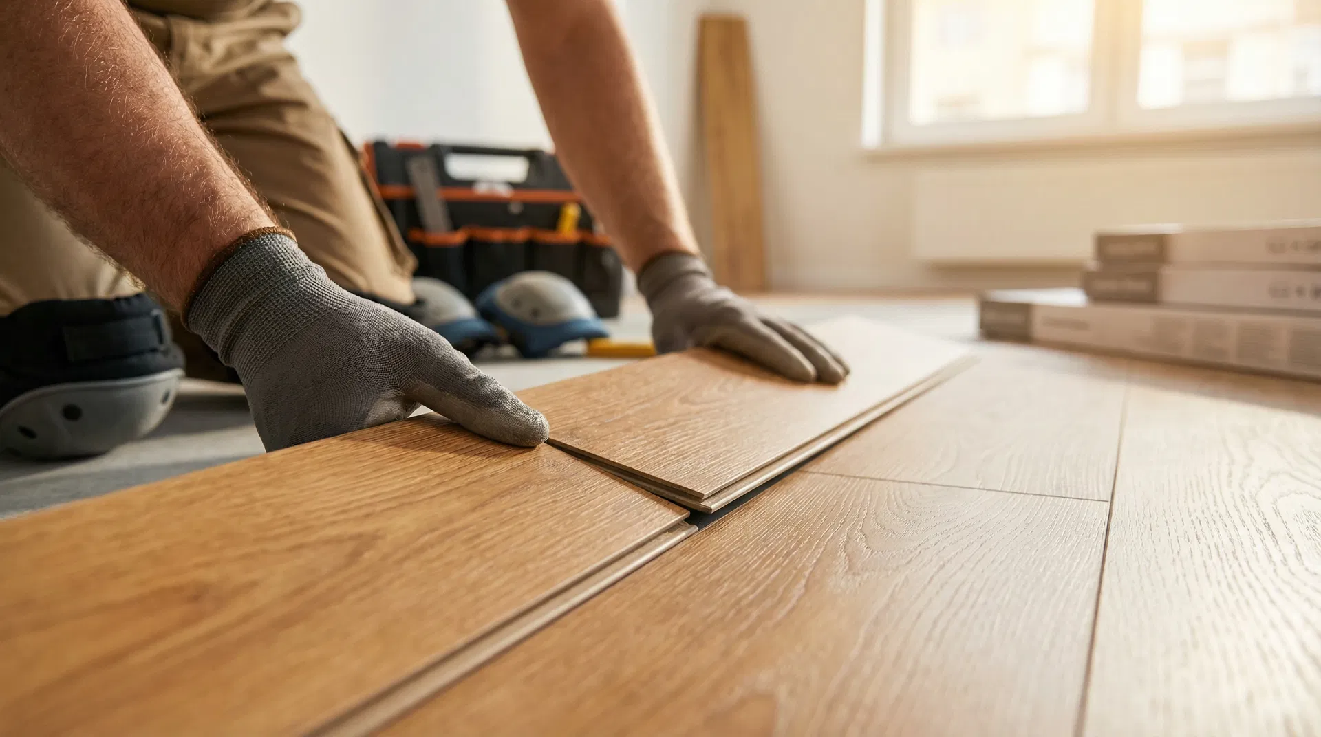 Piso laminado claro bege natural instalado em sala moderna — PVS Decore Curitiba e São José dos Pinhais