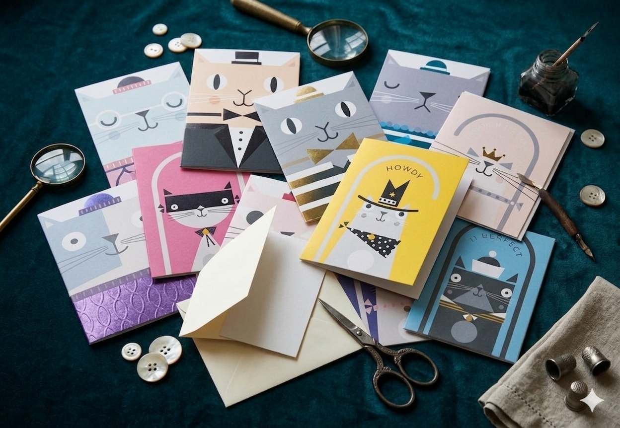 Bundle of 12 Quirky Cat Greeting Cards – Blank Inside 