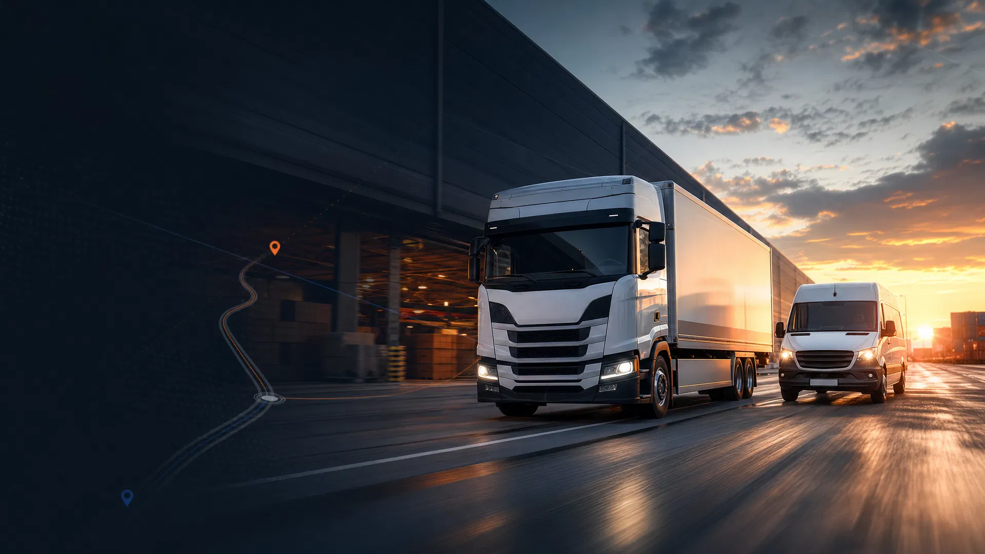 Box truck and sprinter van moving through a logistics corridor
