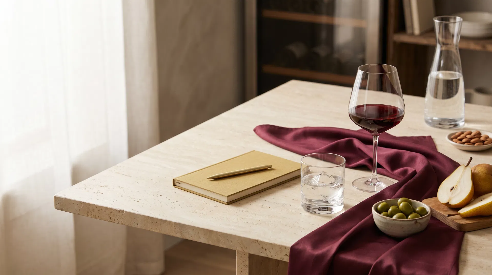 Editorial still life with wine, water, notebook, and fruit on a cream tabletop