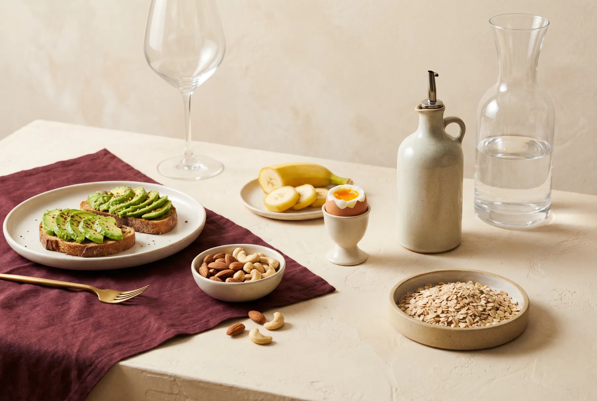 Prepared table with avocado toast, nuts, oats, and water for pre-drinking planning