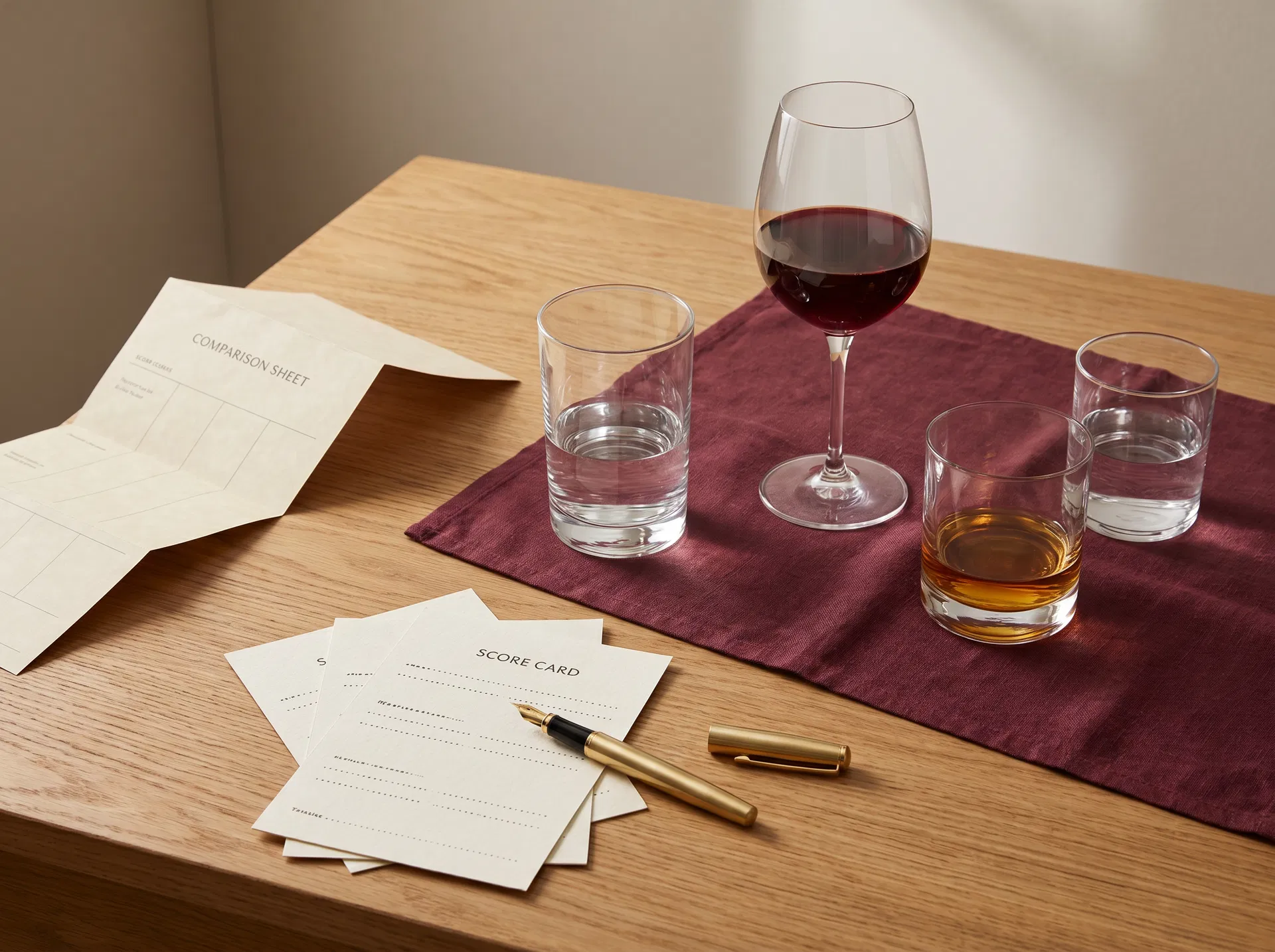 Editorial comparison table scene with wine, whiskey, vodka, and score cards