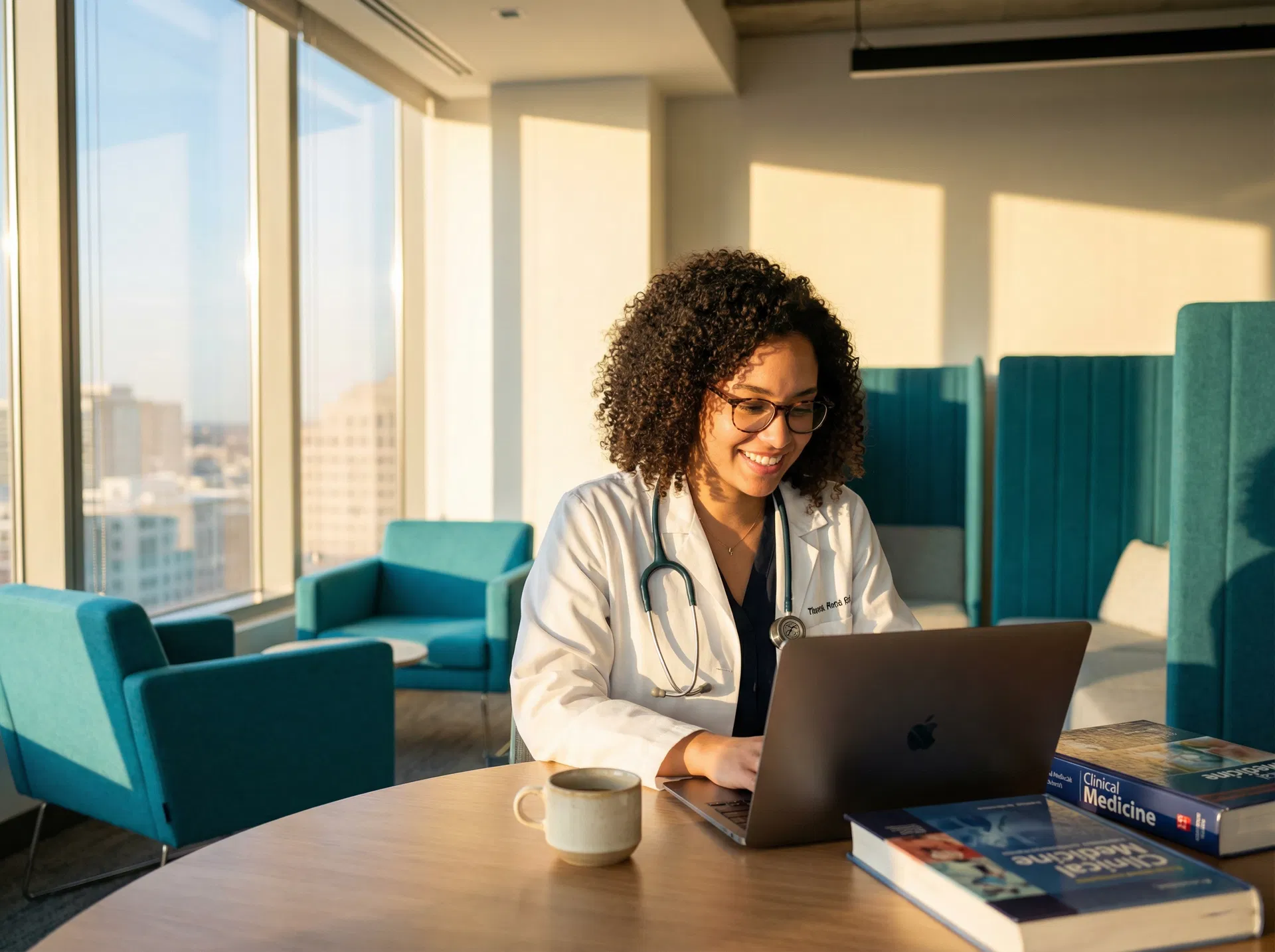 Médica estudando na plataforma Jornada CRM