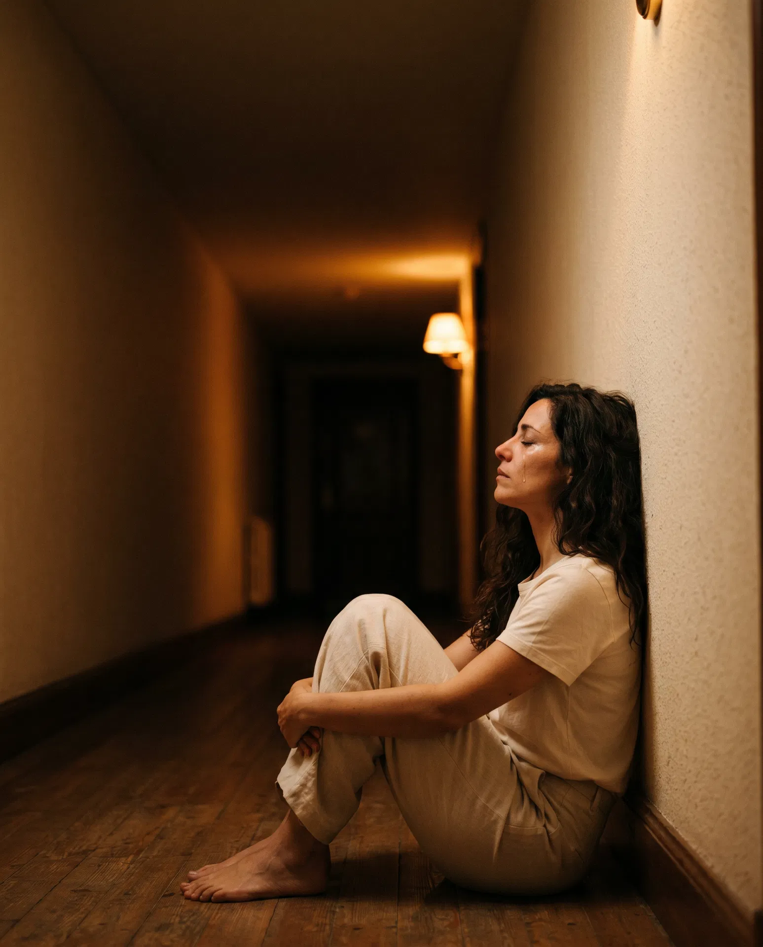 Madre sentada en el suelo del pasillo, en silencio, a las once de la noche