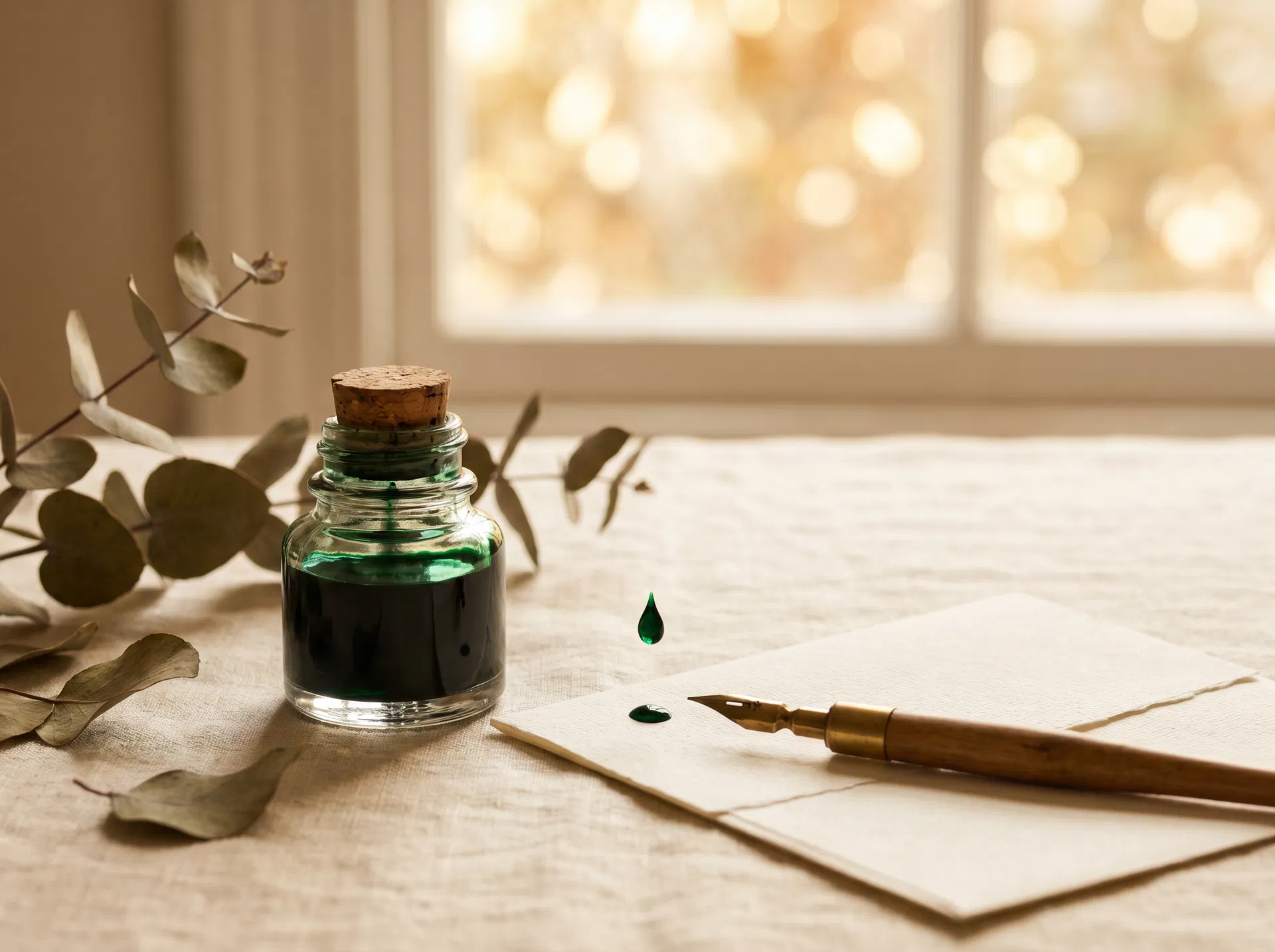 Still life editorial — tinta verde sobre lino
