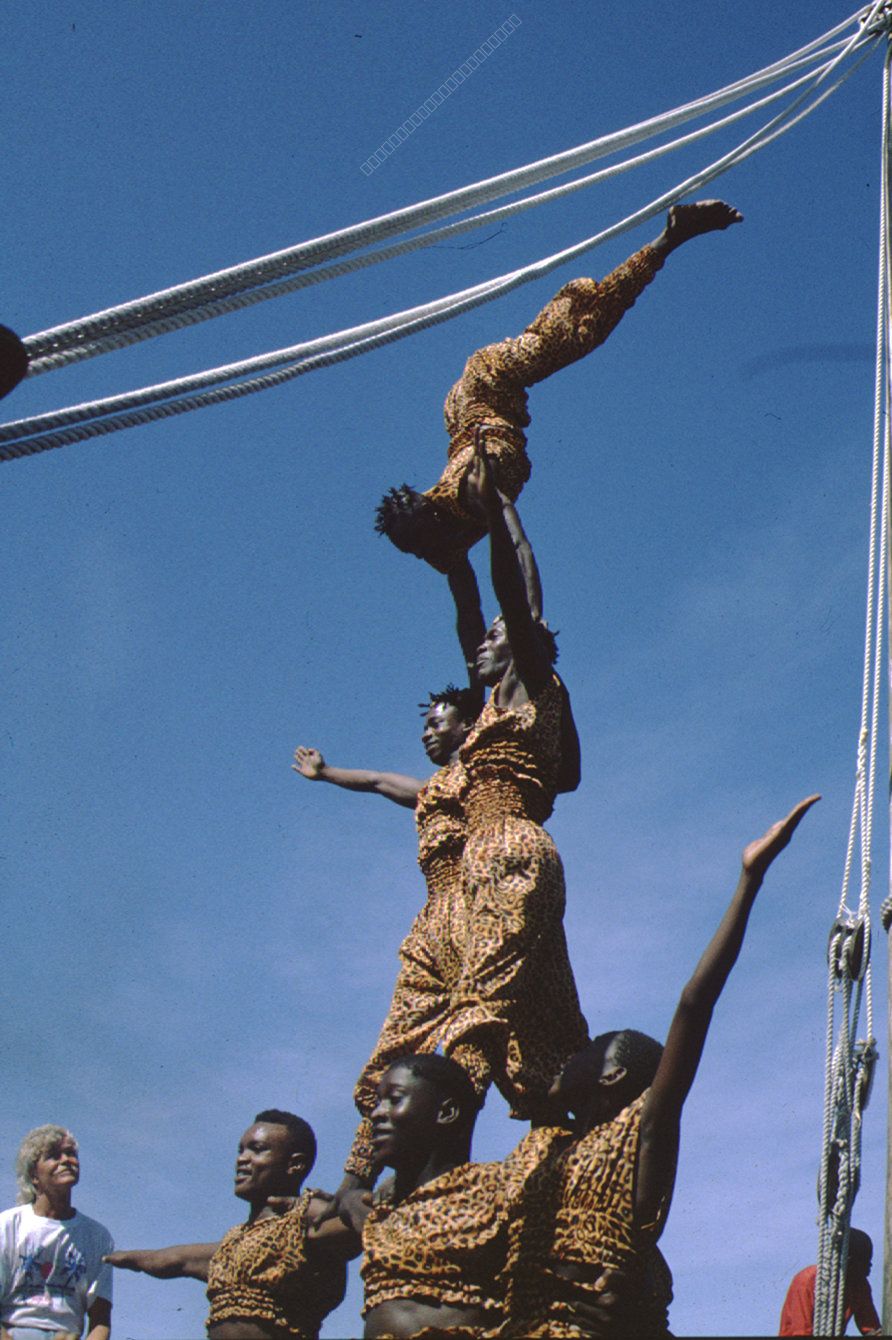 Acrobatic Pyramid with Leopard Print Costumes under Blue Sky