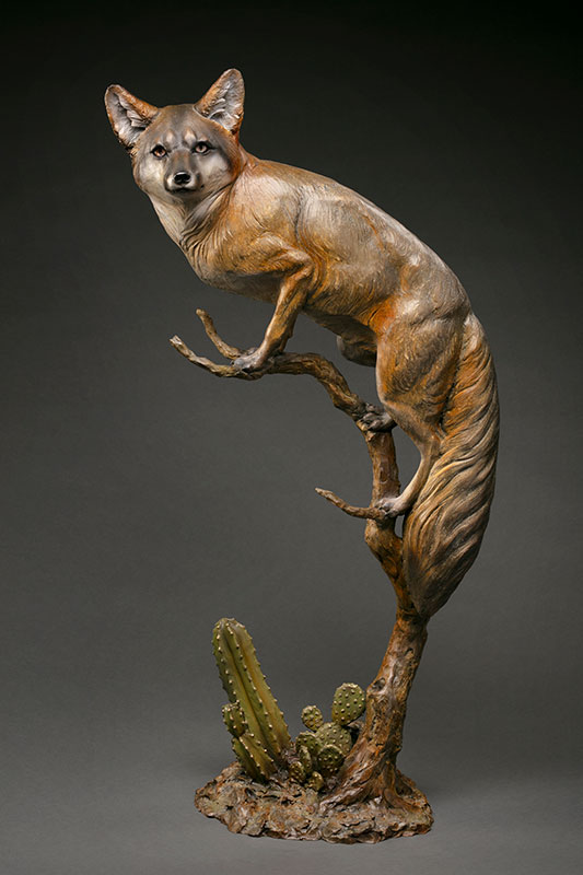 Desert Fox Wildlife Bronze Sculpture on Cactus and Branch Base