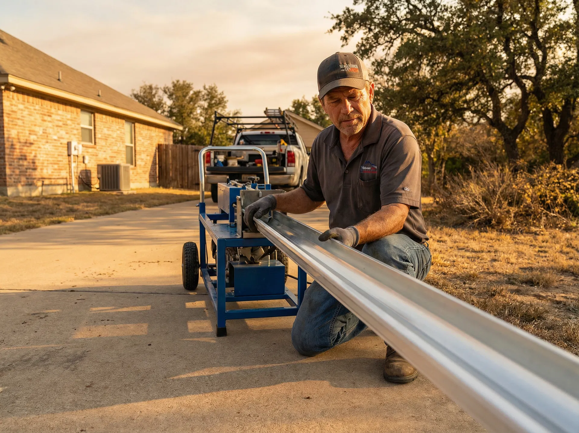 Texas Gutter Guys technician fabricating seamless gutters on-site in Austin