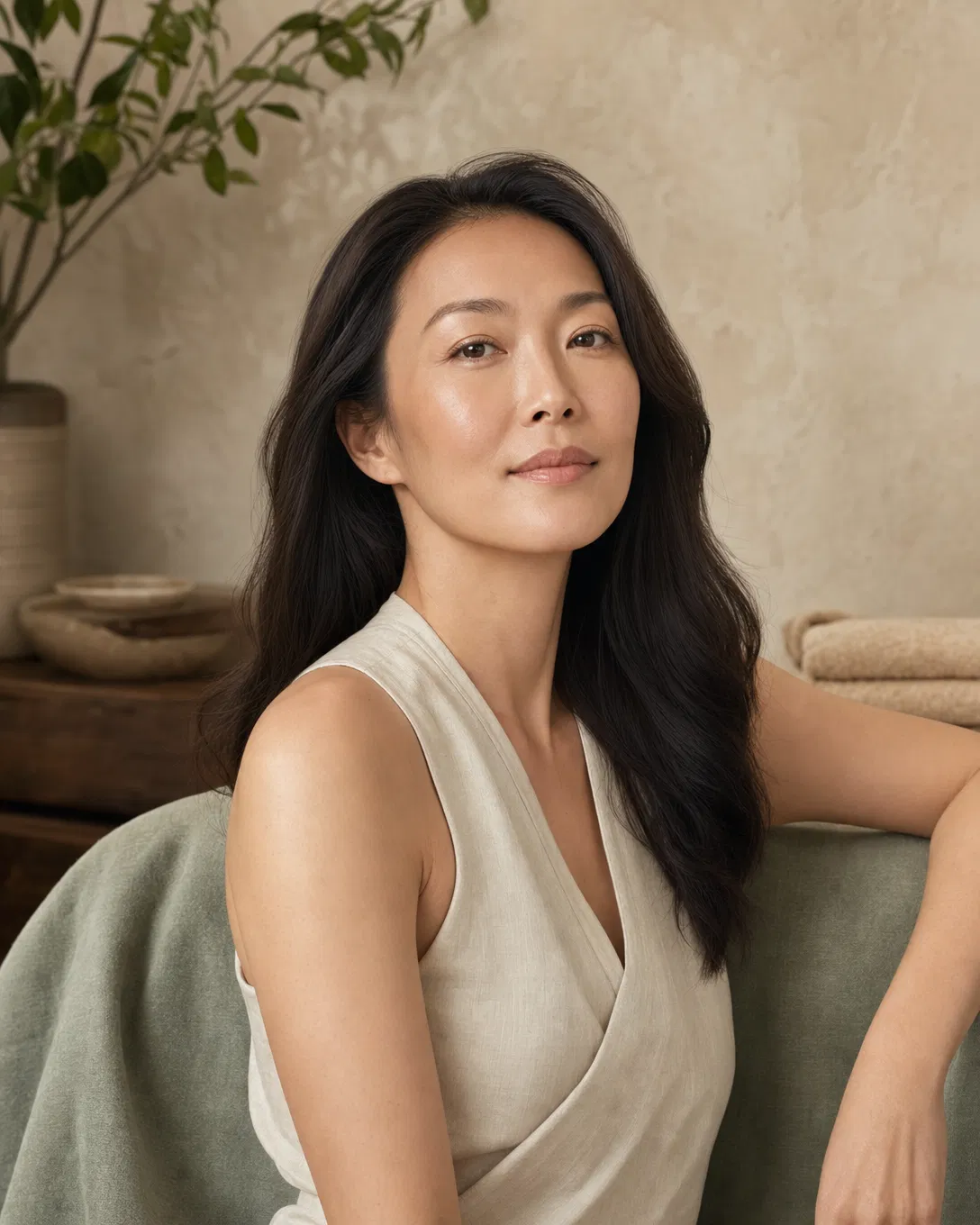Premium 初 Chū spa portrait suggesting firmer looking skin