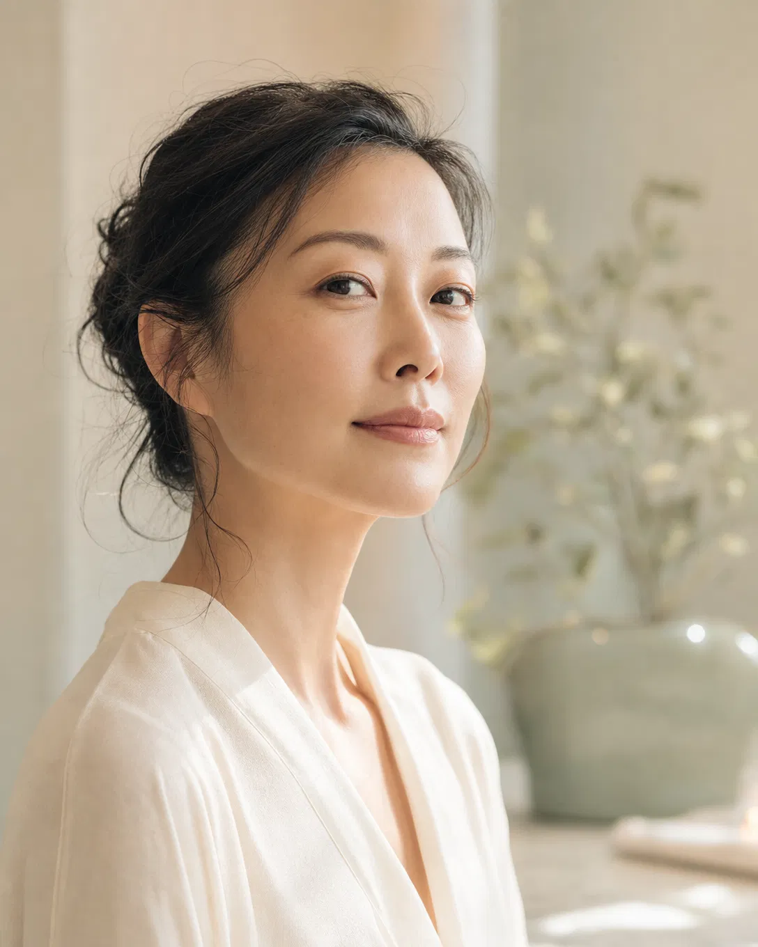 Elegant 初 Chū model showing a lifted facial contour impression