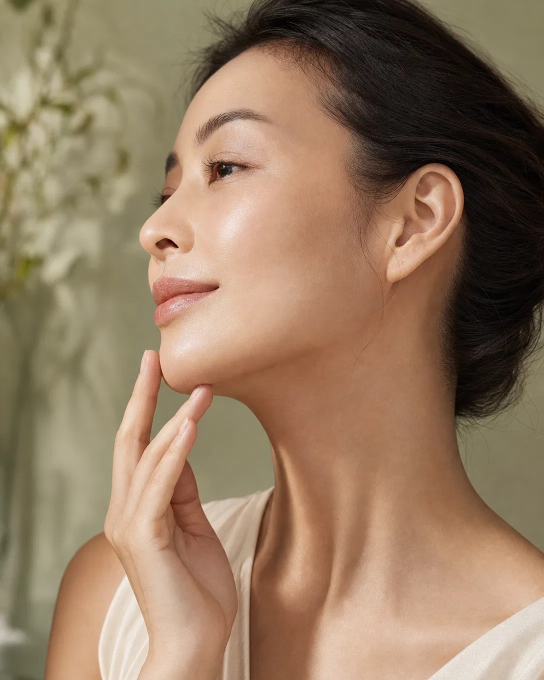 Side-profile 初 Chū skincare portrait suggesting a tighter jawline look