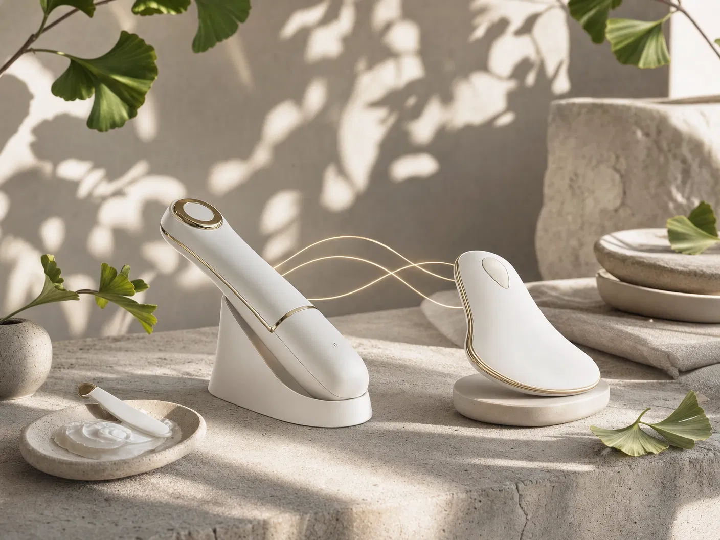 Two non-invasive aesthetic treatment devices styled in the 初 Chū natural luxury palette