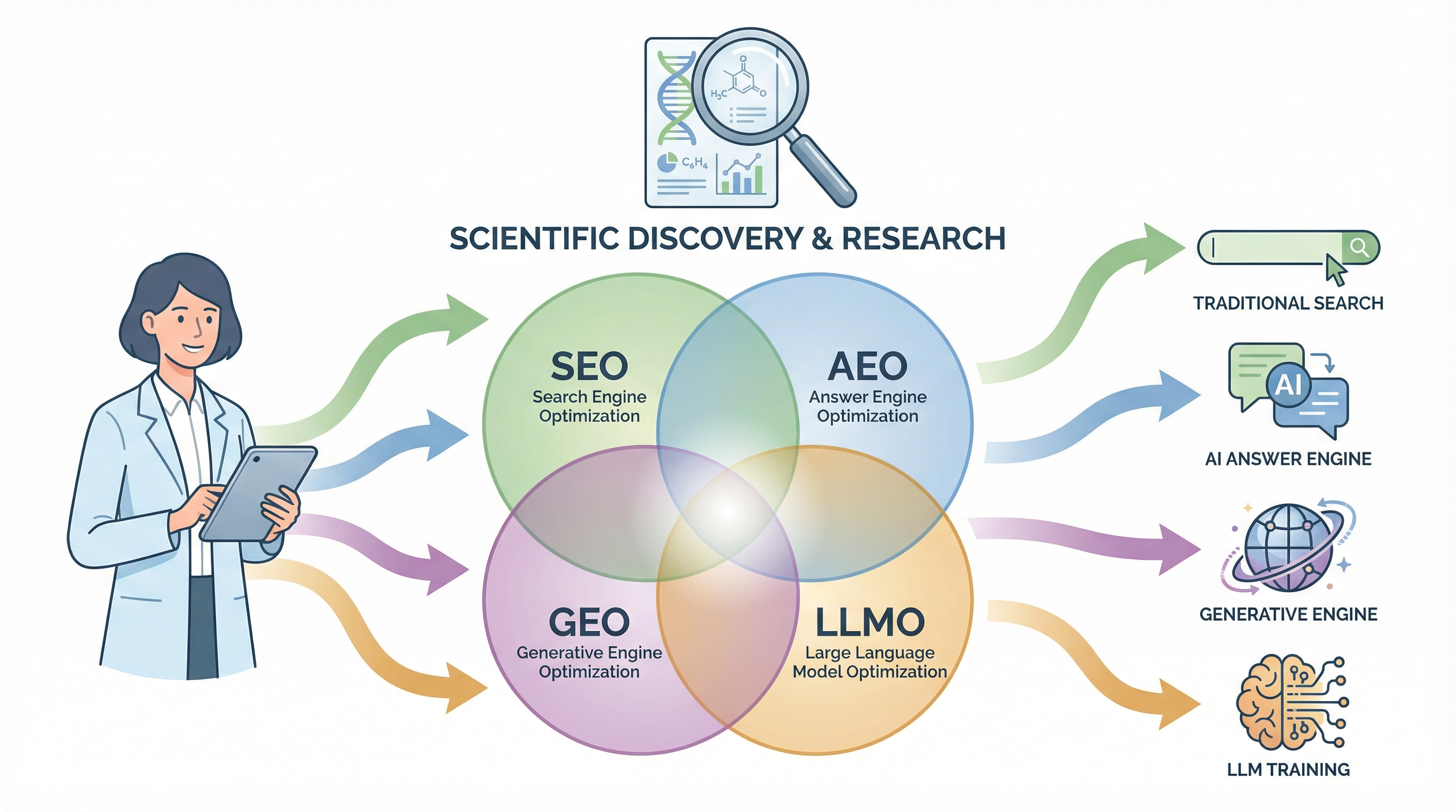 The AI Search Blueprint for Scientists: How SEO, AEO, GEO, and LLMO Are Reshaping Science Communication