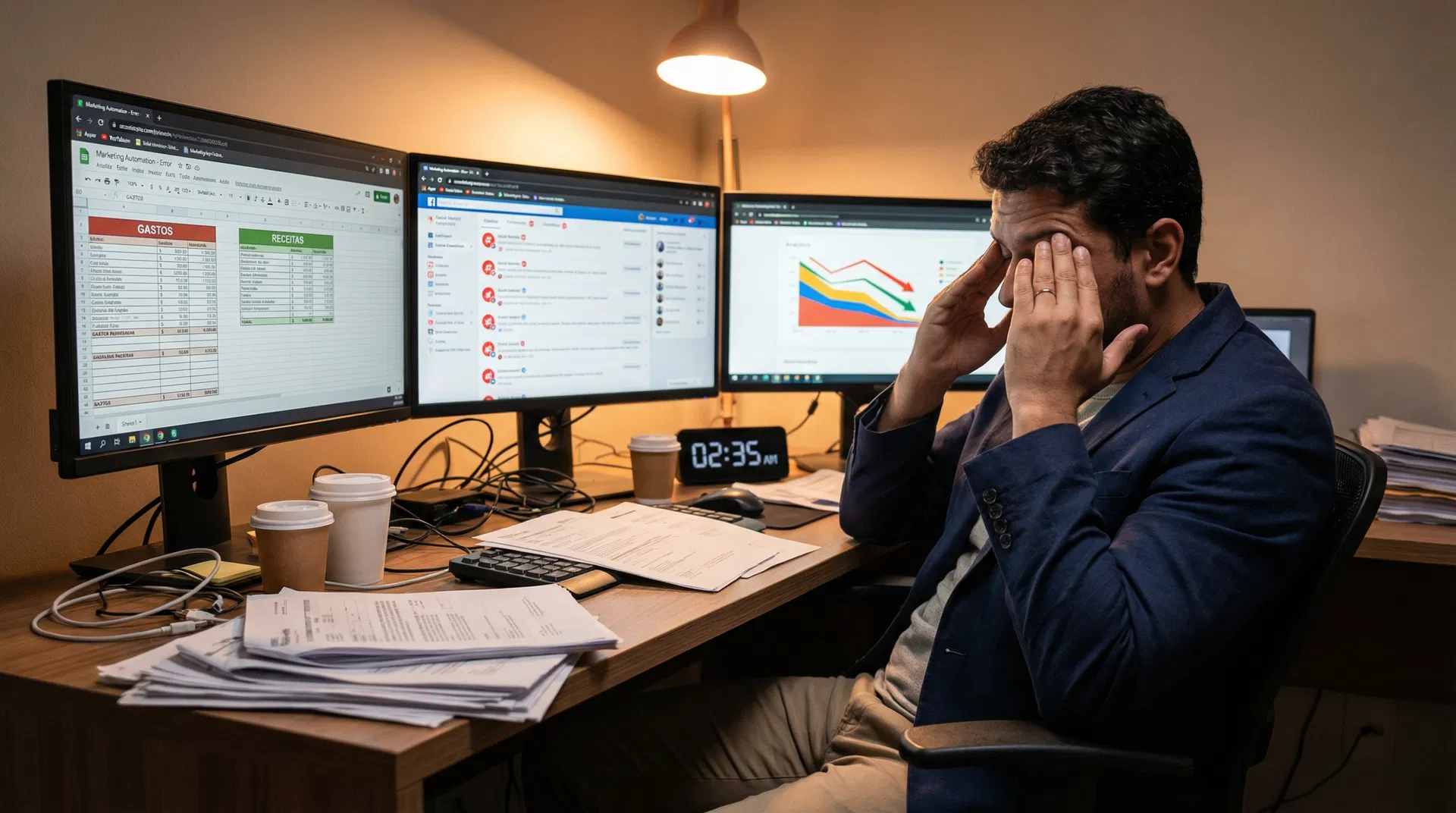 Profissional sobrecarregado com múltiplas telas de marketing digital