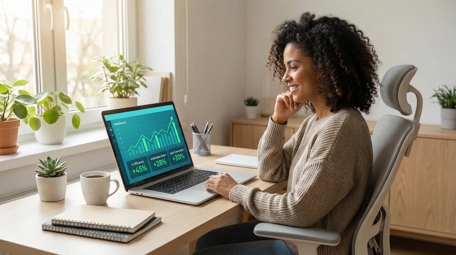 Profissional satisfeita analisando dashboard com resultados positivos