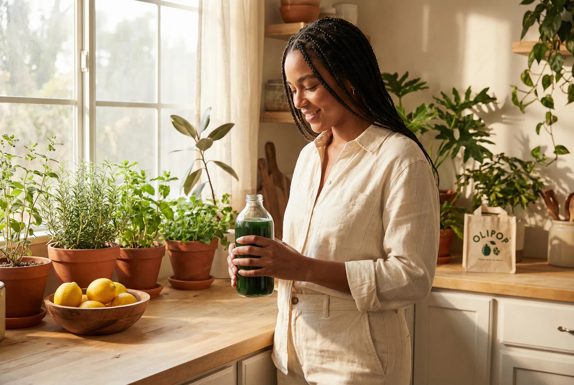 Chlo founder in kitchen with chlorophyll water