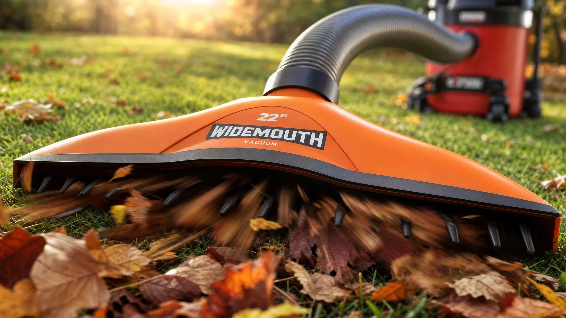 VacuRake Pro close-up action shot showing leaves being sucked in