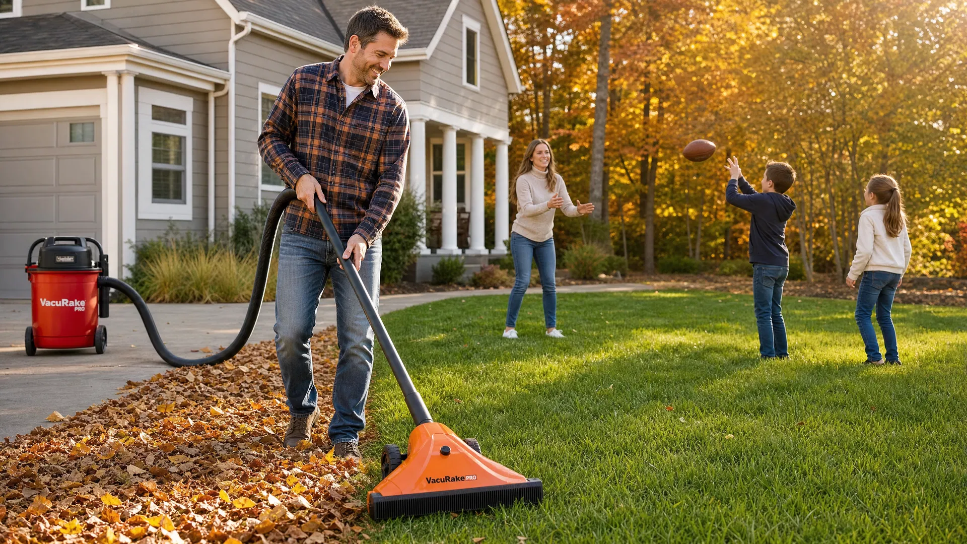 Family enjoying a clean yard with VacuRake Pro