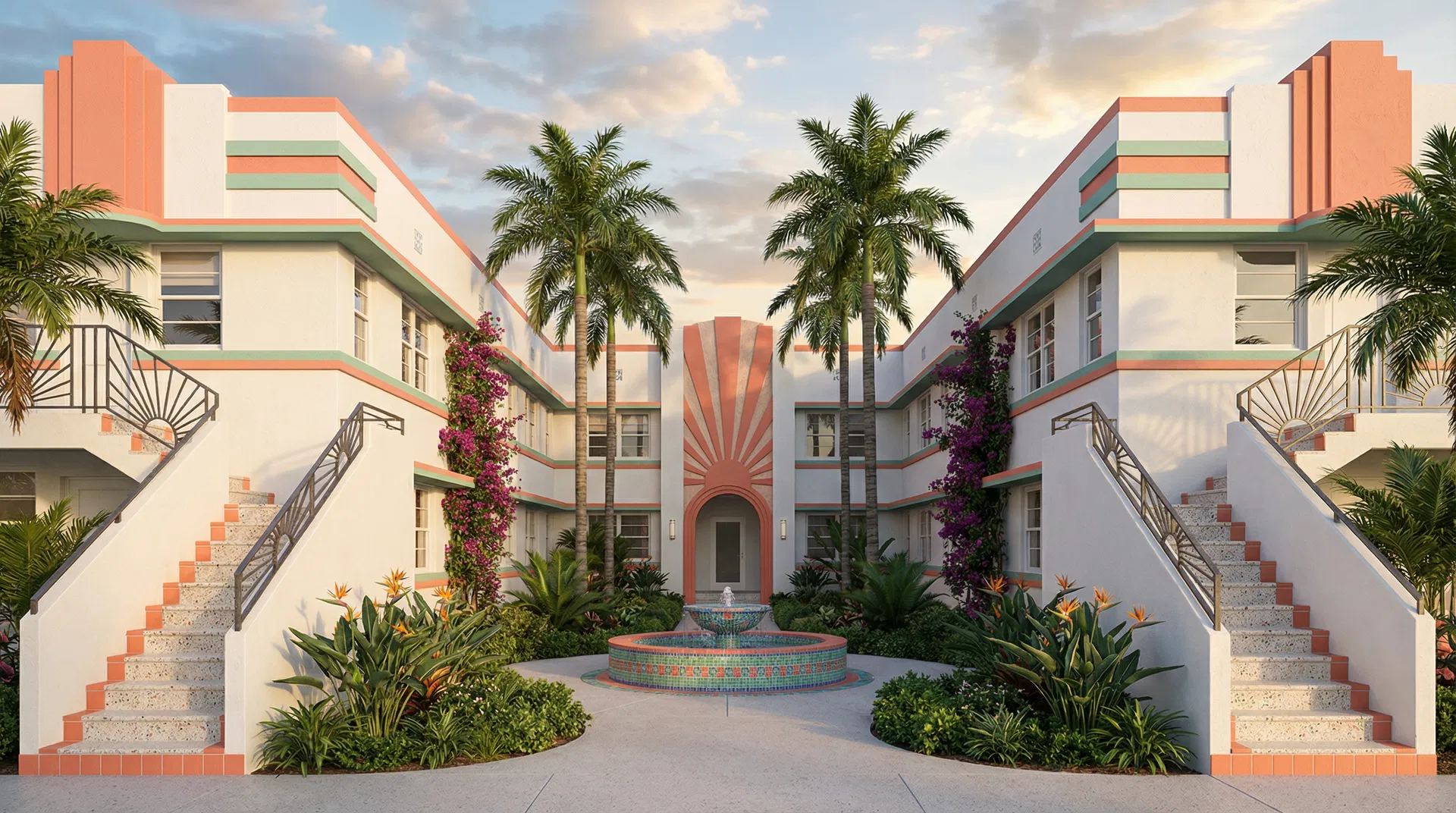 Courtyard Entrance — Art Deco Archway & Tropical Fountain
