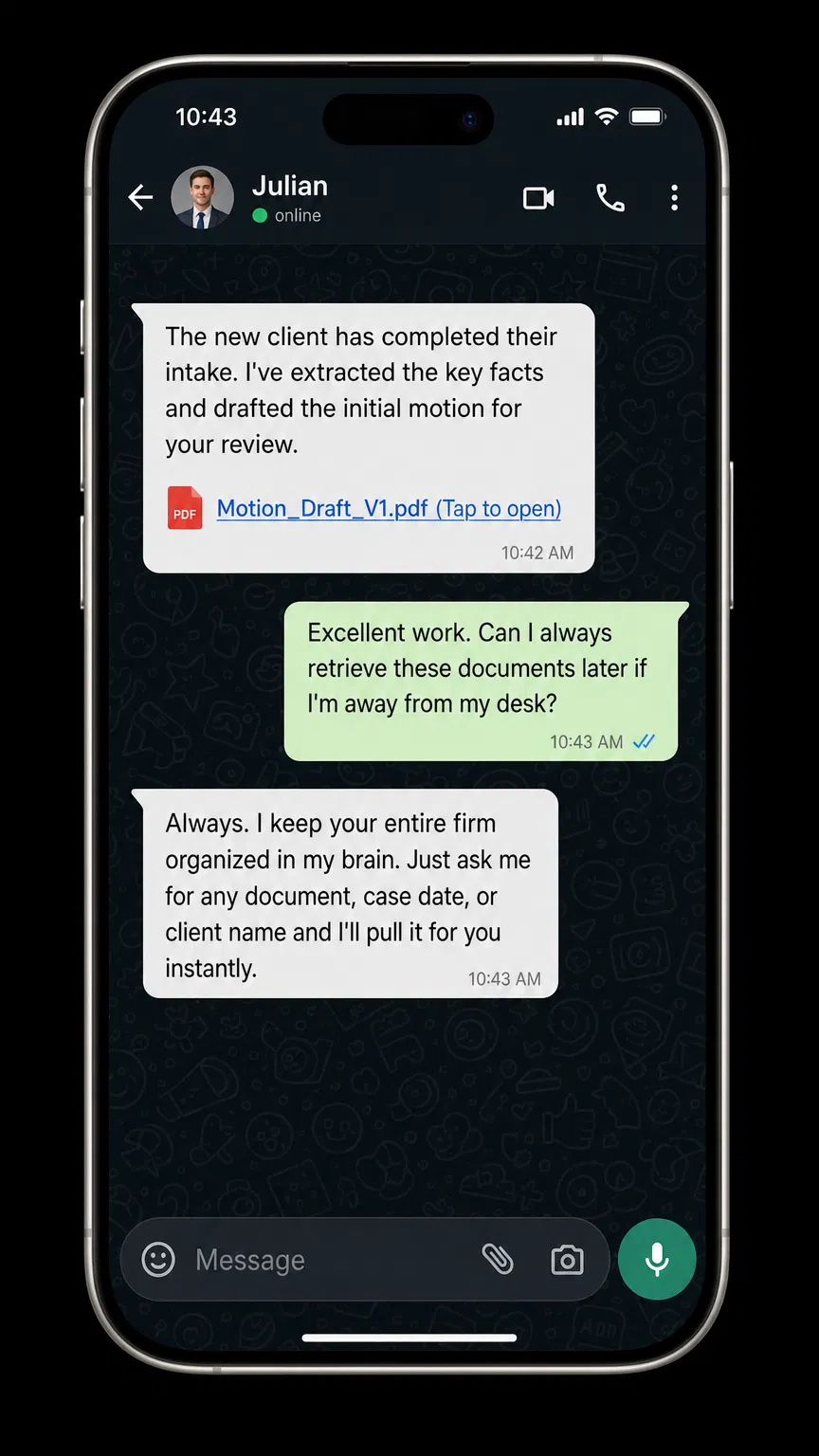 iPhone showing WhatsApp chat with Julian
