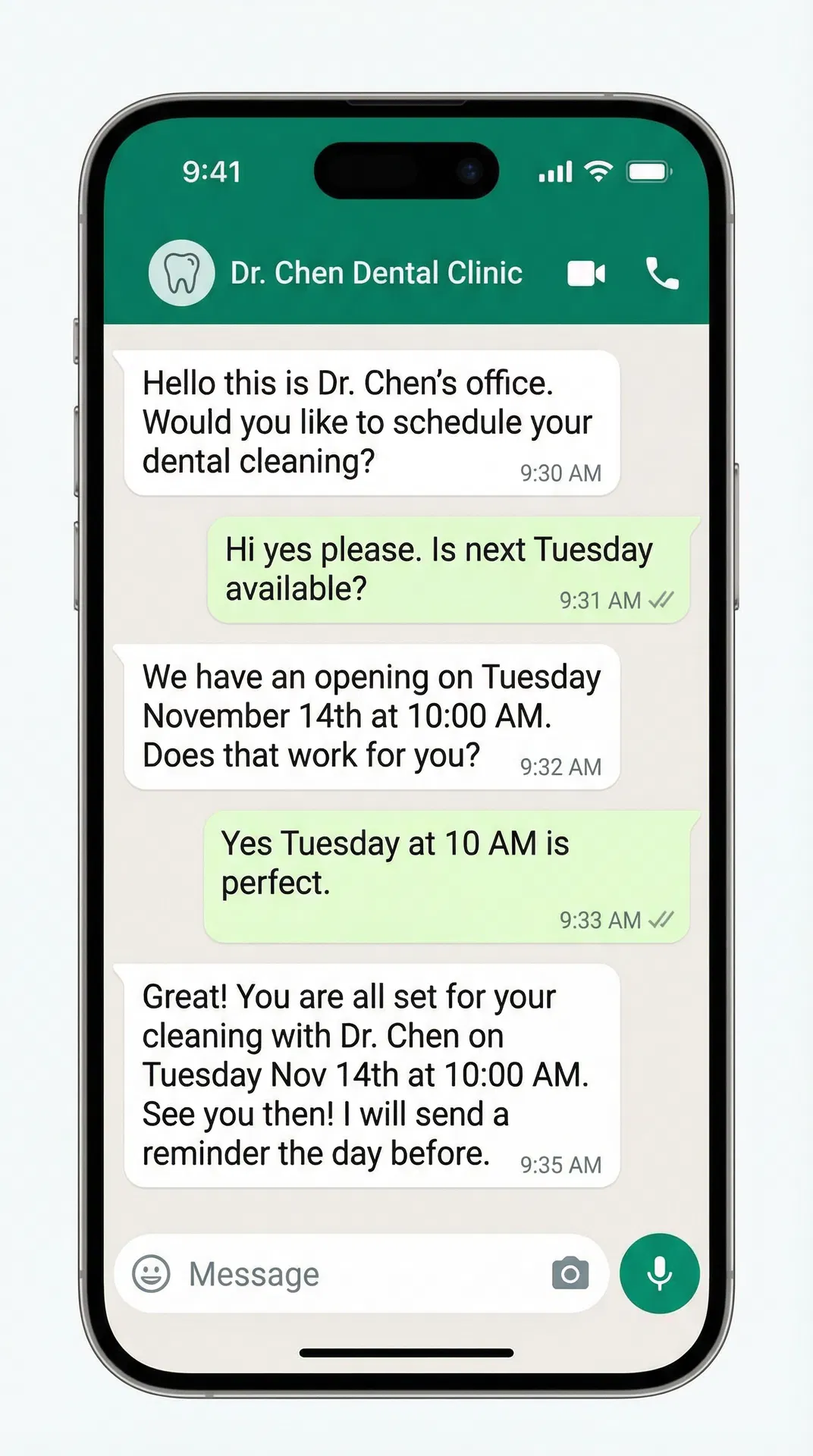 Flat iPhone showing WhatsApp appointment booking